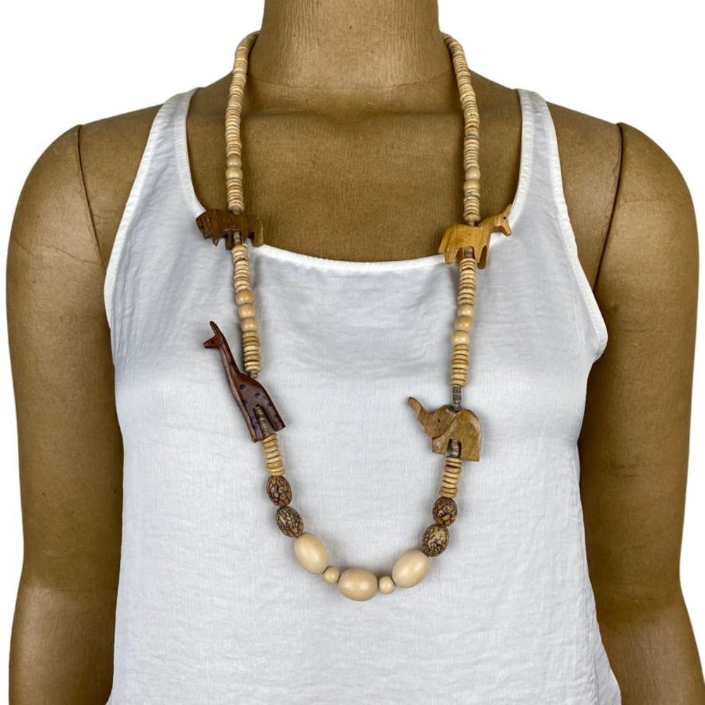 Vintage Hand Carved Wooden Animal Safari Necklace